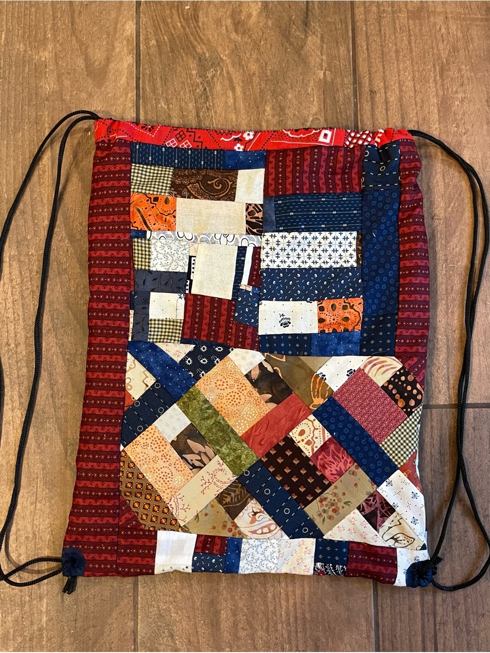 Handmade Patchwork Drawstring Backpack in Multicolor - Picture 2 of 5